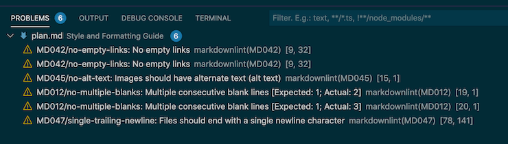 Screenshot of VSCode with a summary of markdown errors.
