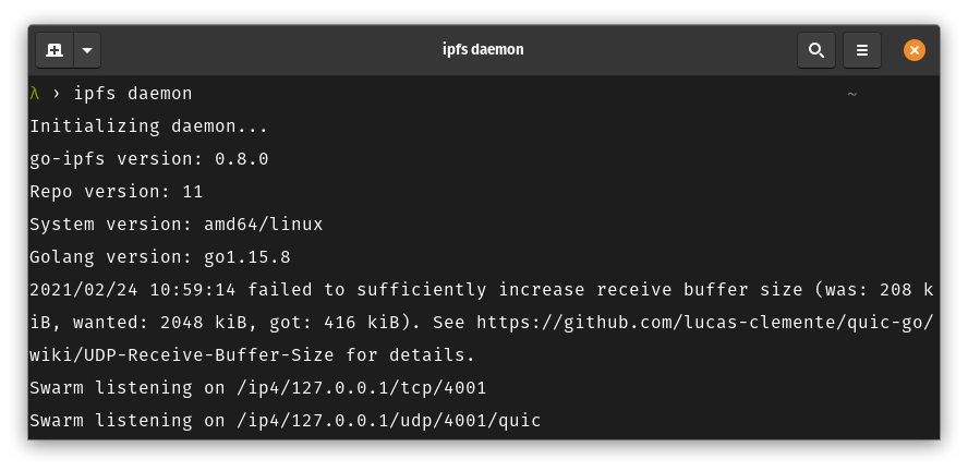 A terminal window running the IPFS daemon in Ubuntu.
